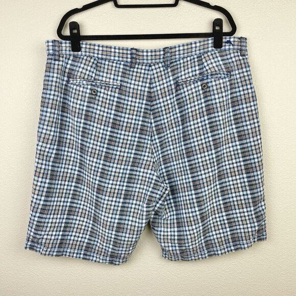 Tommy Bahama Men's 40 Plaid Gingham Plaid Linen Blend Shorts Blue Tan Flat Front - Picture 8 of 14